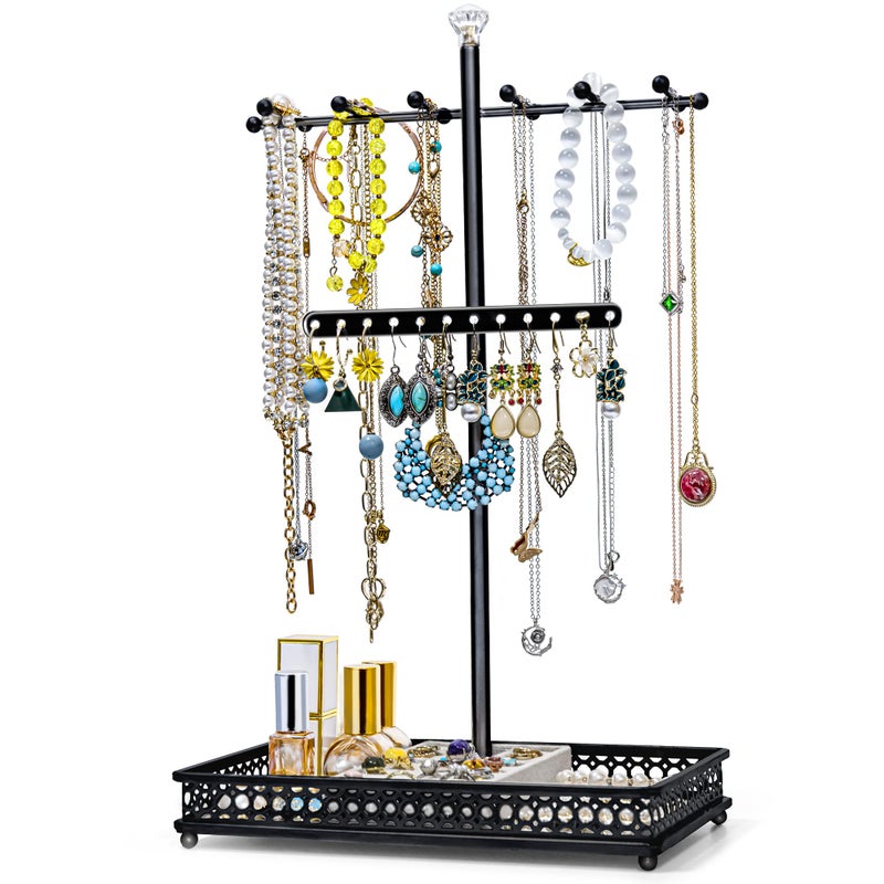 Meangood Jewelry Tree Stand Organizer 3in1 Necklace Organizer Display Bracelet Earrings and Ring Tray Jewelry Holder Hanger Metalï¼ˆBlackï¼‰ - Image 1